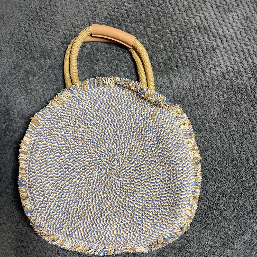Zara Natural and Blue Straw Tote with Braided Handles - Picture 3 of 3